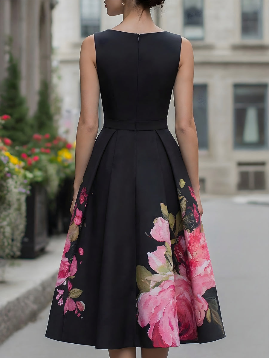 Robe Midi Élégante Sans Manches Avec Jupe Imprimée Florale