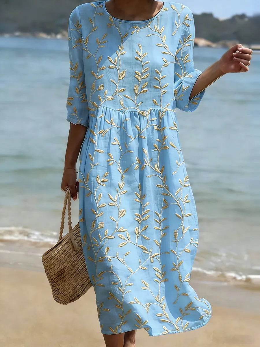 Natalie | Robe Midi à Encolure Ronde avec Imprimé de Plantes et Fleurs