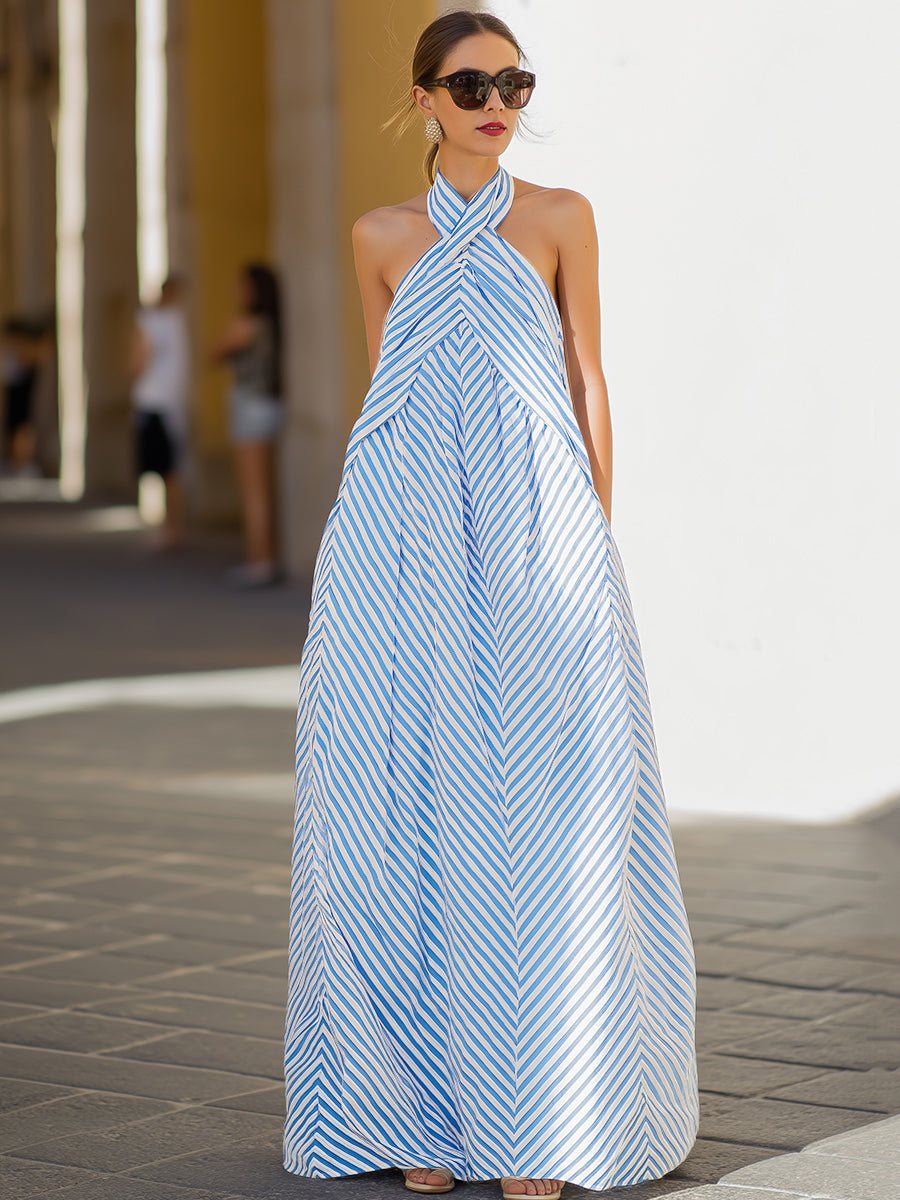 Robe Maxi à Col Halter à Rayures Nautiques