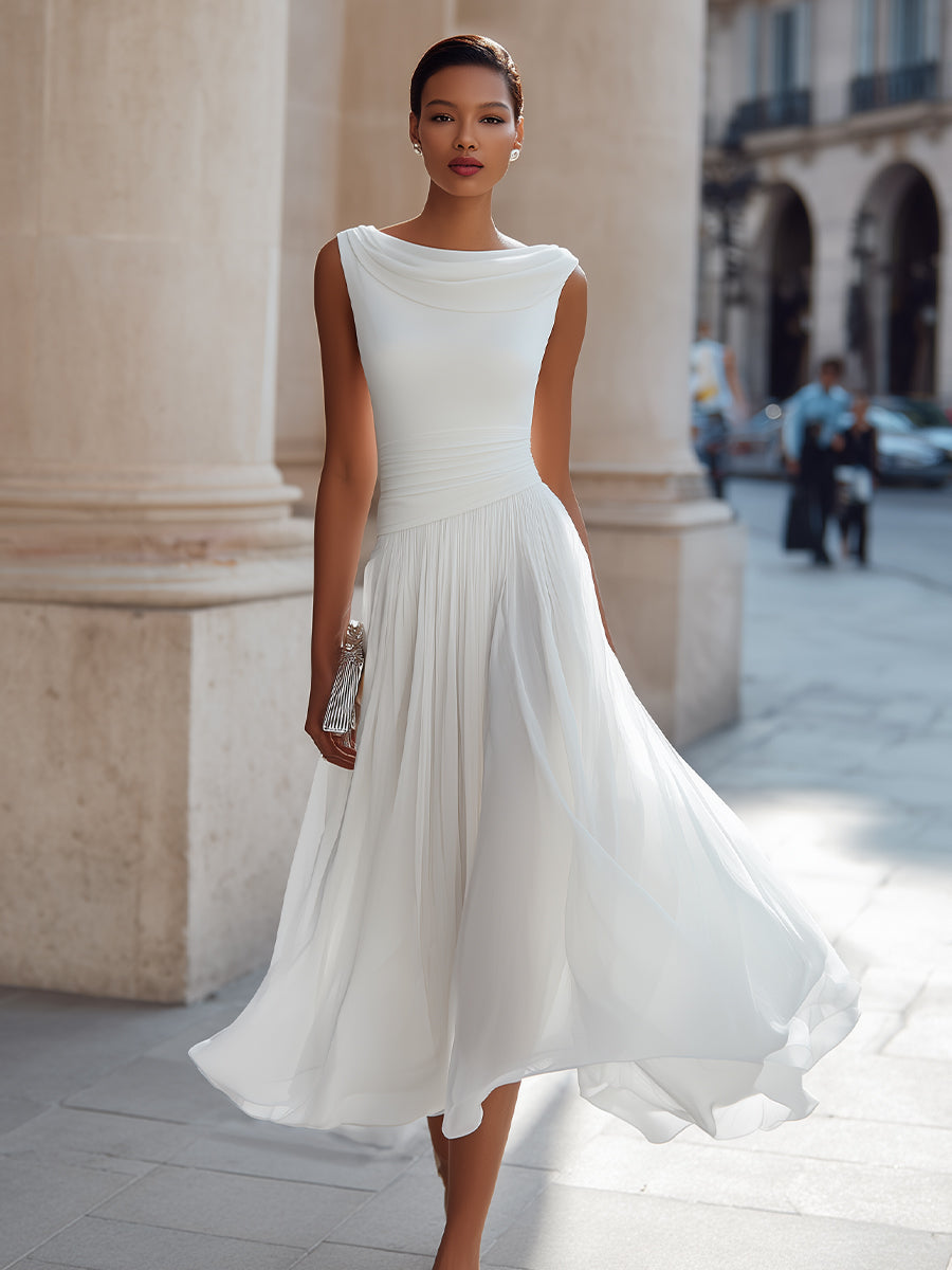 Robe Midi Sans Manches à Col Drapé