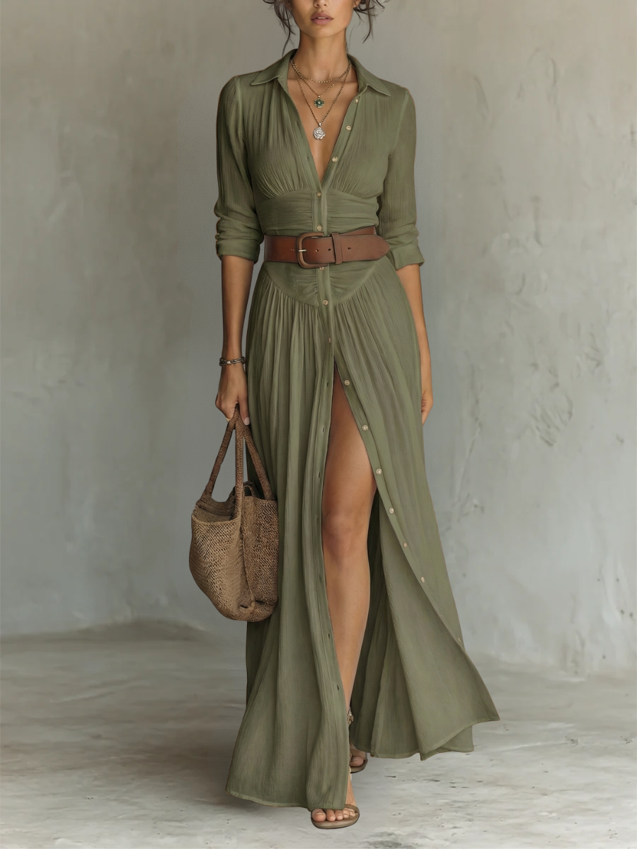 Robe Maxi avec Col Revers et Manches Longues