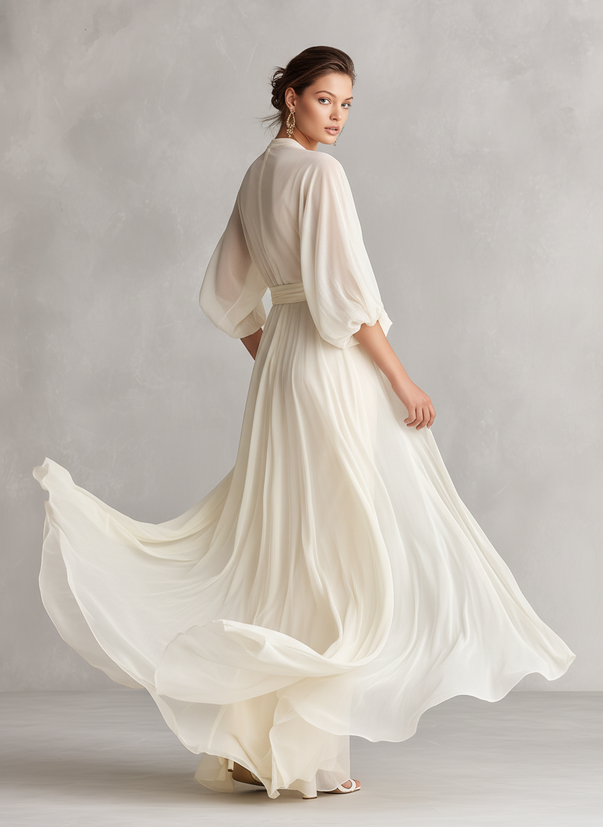 Robe en Chiffon Transparent Ivoire pour Femmes avec Manches Volumineuses et Détail Enveloppant, Robe de Style Romantique-Luxueux Intemporel