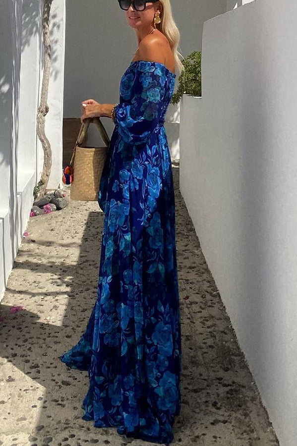Geneviève · Robe longue à imprimé floral aux épaules dénudées