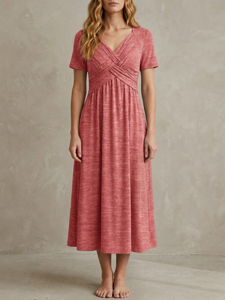 Geneviève · Robe midi col V croisé, drapé élégant et taille empire
