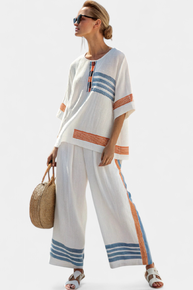 Marcellin | Haut et Pantalons Rayés Bleu-Orange Sophistiqués