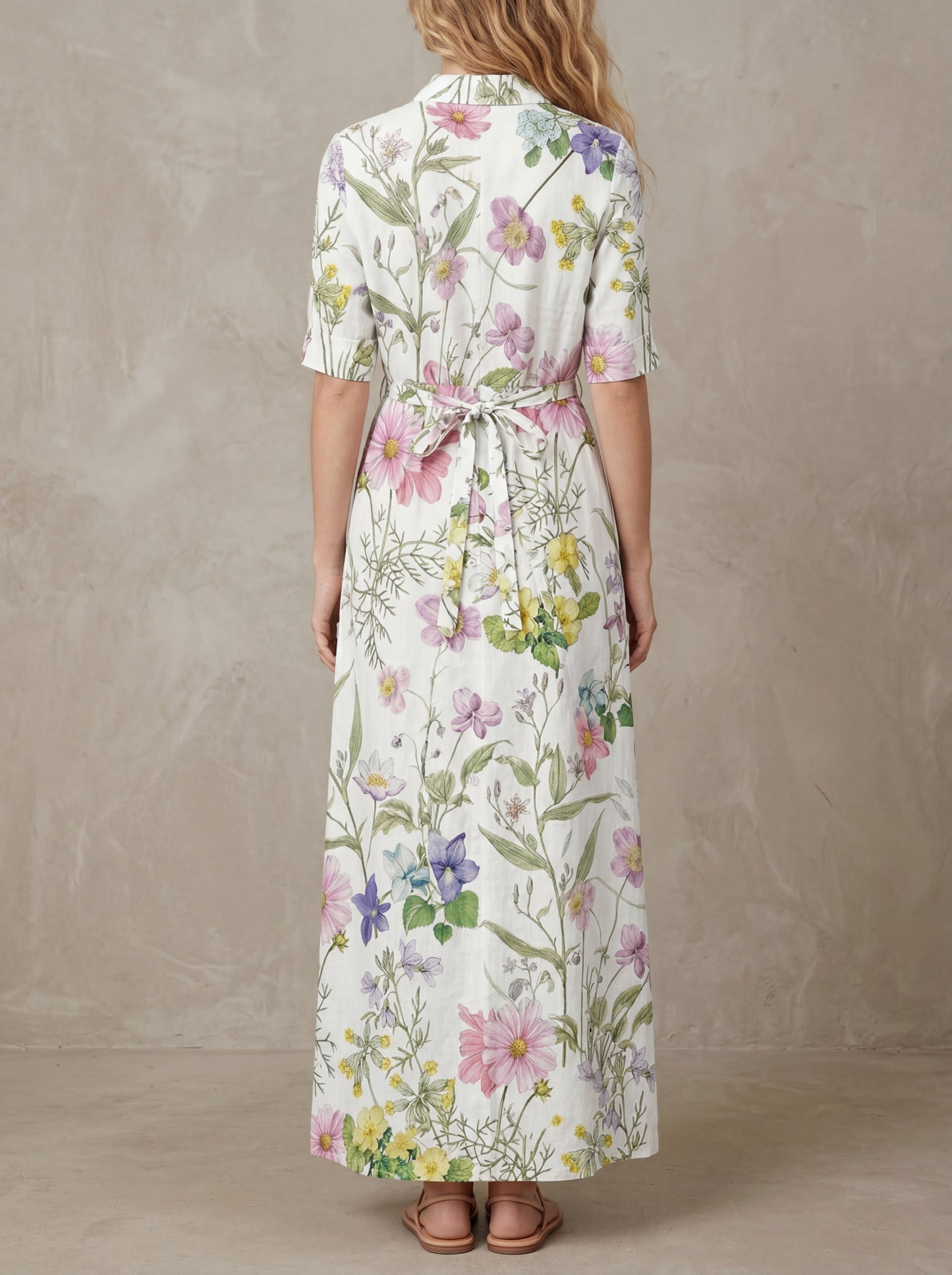 Simone · Robe midi fleurie aquarelle, lacet ajustable