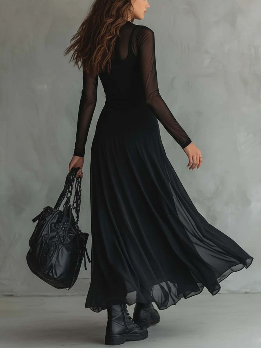 Elena · Robe maxi noire avec manches transparentes