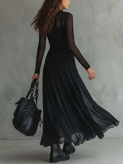 Elena · Robe maxi noire avec manches transparentes