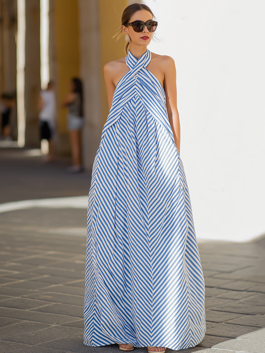 Robe Maxi à Col Halter à Rayures Nautiques