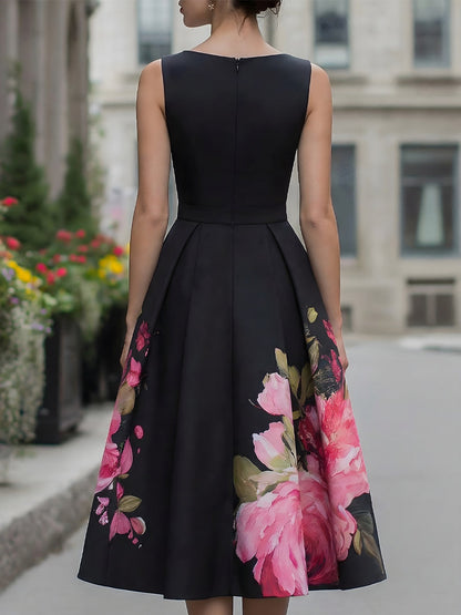 Robe Midi Élégante Sans Manches Avec Jupe Imprimée Florale