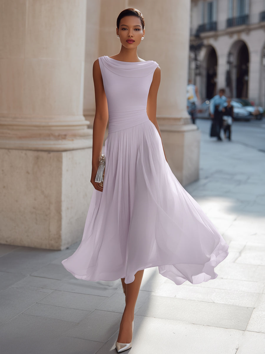 Robe Midi Sans Manches à Col Drapé