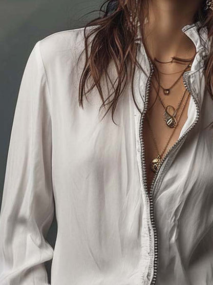 Ana · Blouse Blanche à Fermeture Éclair avec Volants