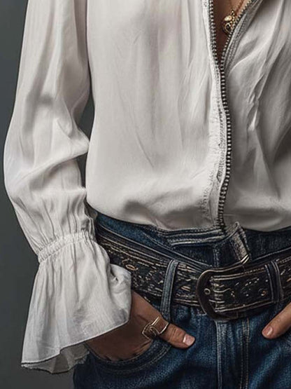 Ana · Blouse Blanche à Fermeture Éclair avec Volants