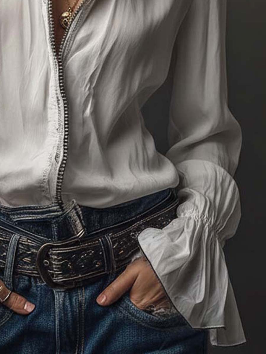 Ana · Blouse Blanche à Fermeture Éclair avec Volants