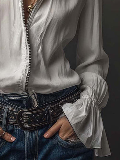 Ana · Blouse Blanche à Fermeture Éclair avec Volants