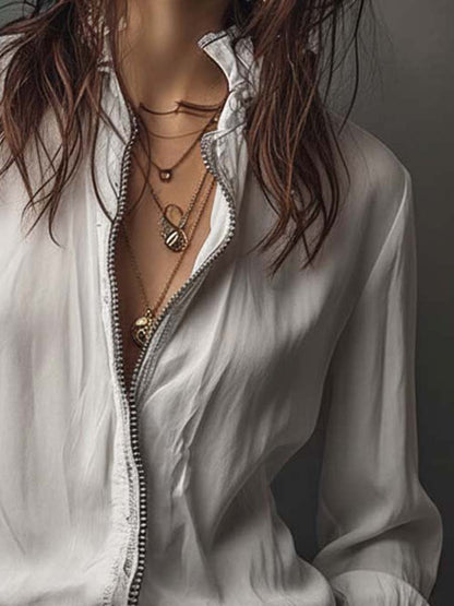 Ana · Blouse Blanche à Fermeture Éclair avec Volants