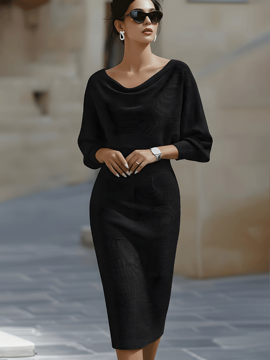 Robe Midi Drapée Blanche à Manches Chauve-Souris