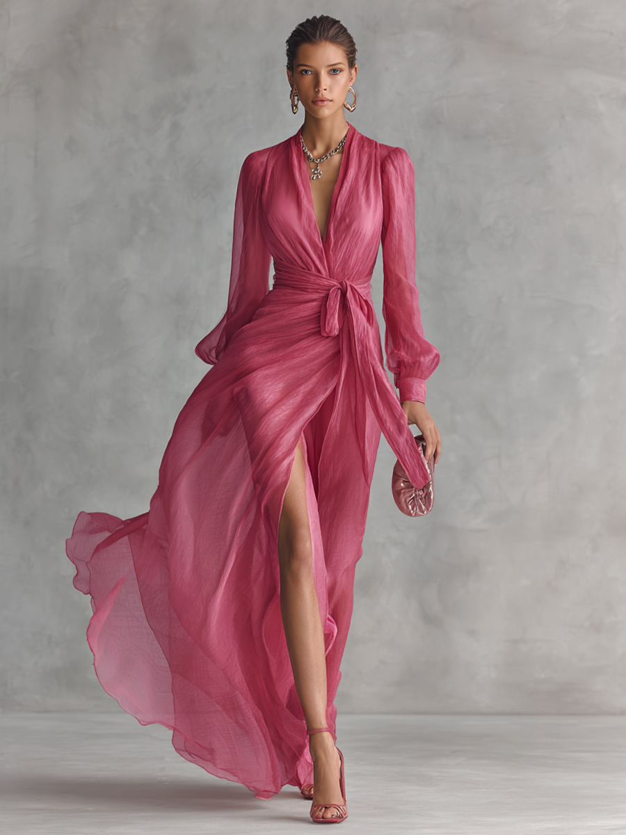 Robe Longue Élégante Femme en Chiffon Rose Pâle avec Perles, Décolleté en V et Taille Ajustée