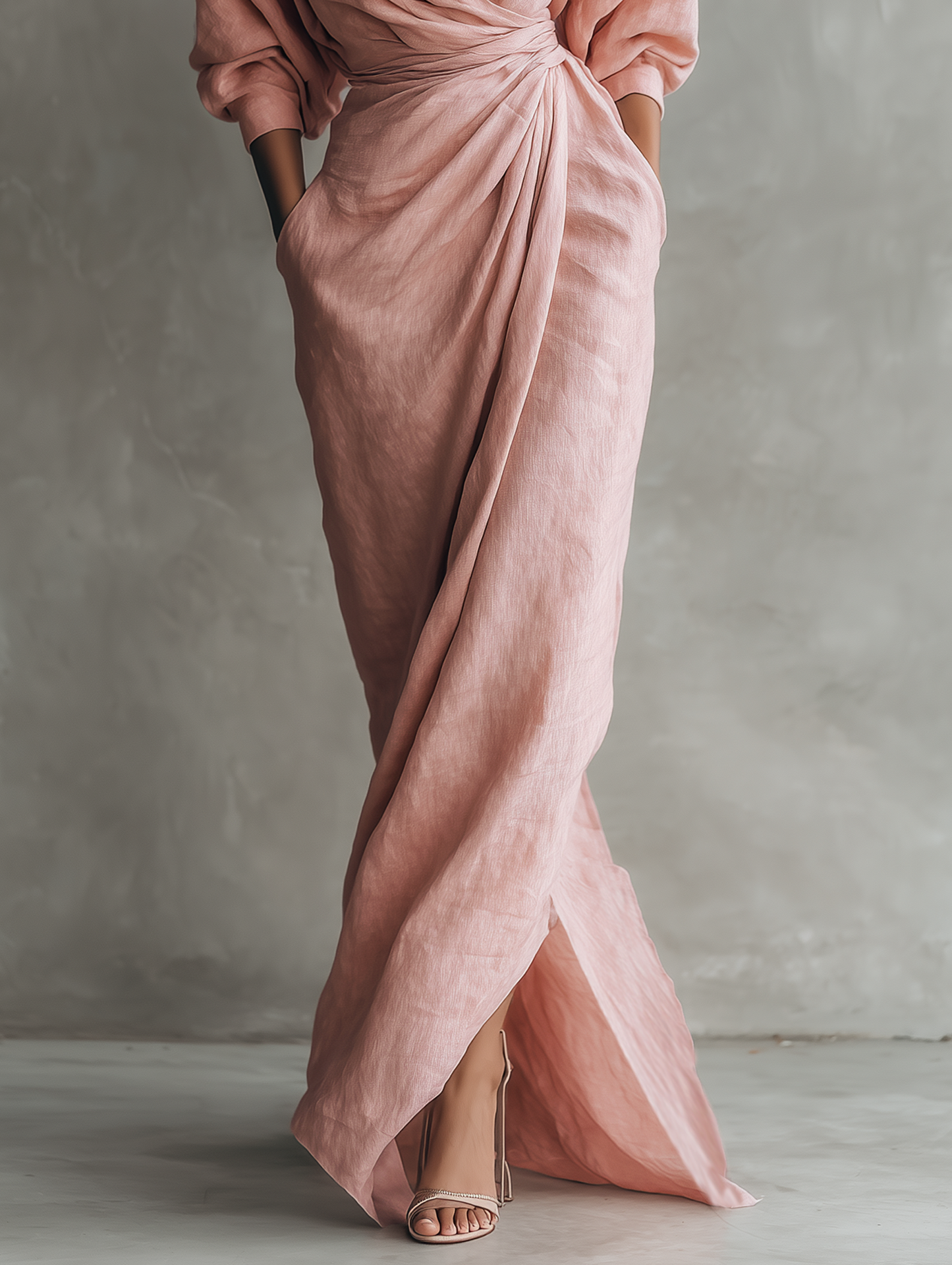 Robe Maxi Minimaliste avec Décolleté en V en Mélange de Lin Rose pour Femmes