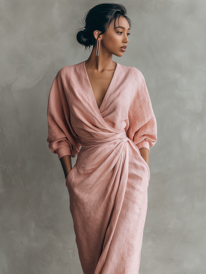 Robe Maxi Minimaliste avec Décolleté en V en Mélange de Lin Rose pour Femmes