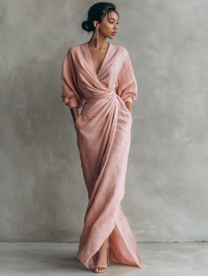 Robe Maxi Minimaliste Rose avec décolleté en V