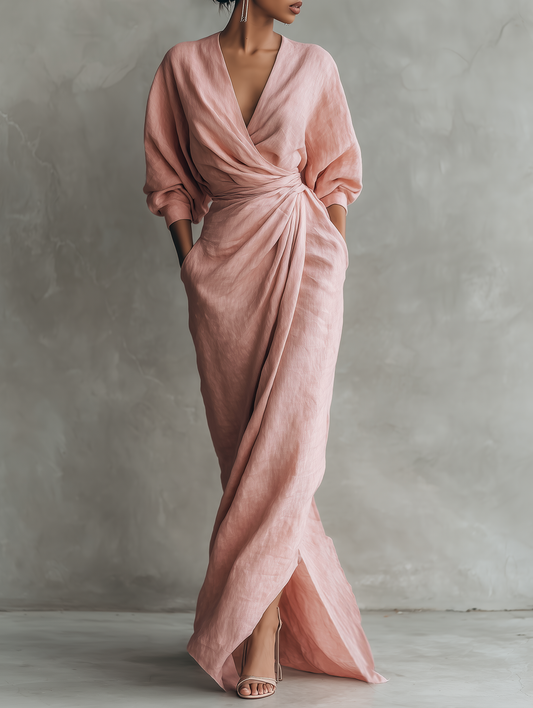 Robe Maxi Minimaliste avec Décolleté en V en Mélange de Lin Rose pour Femmes