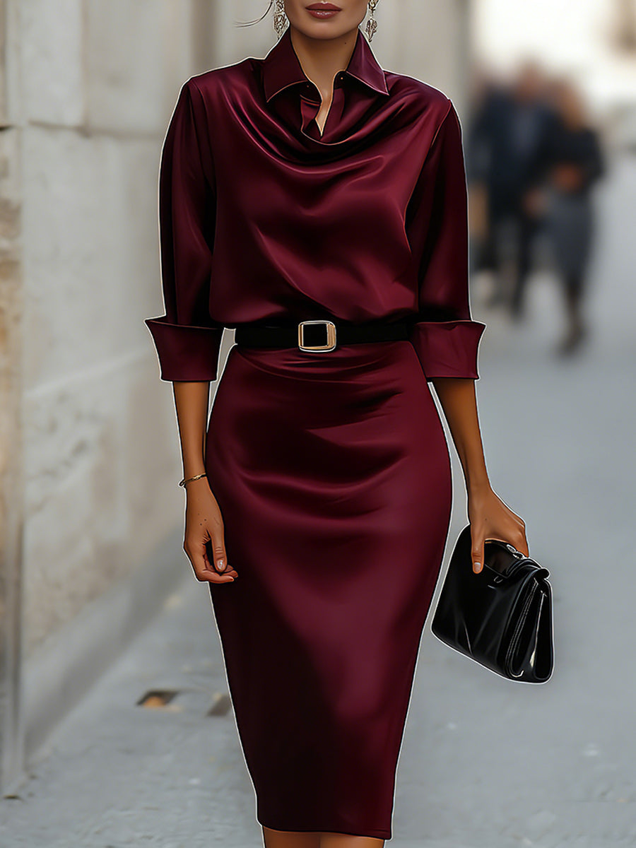 Robe Midi Élégante en Satin avec Col Drapé et Ceinture Noire