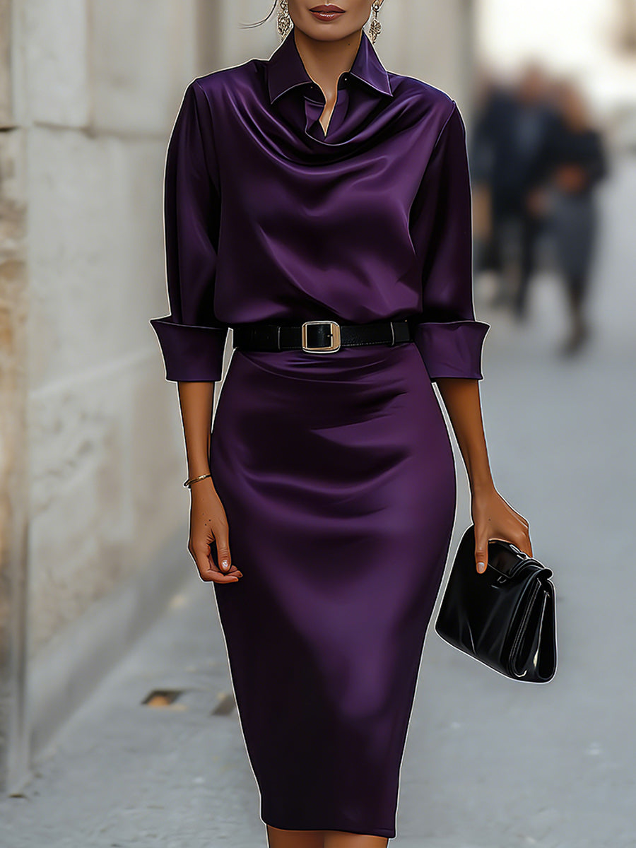 Robe Midi Élégante en Satin avec Col Drapé et Ceinture Noire