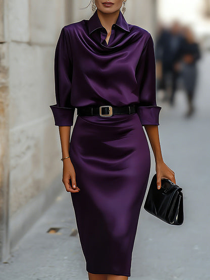 Robe Midi Élégante en Satin avec Col Drapé et Ceinture Noire