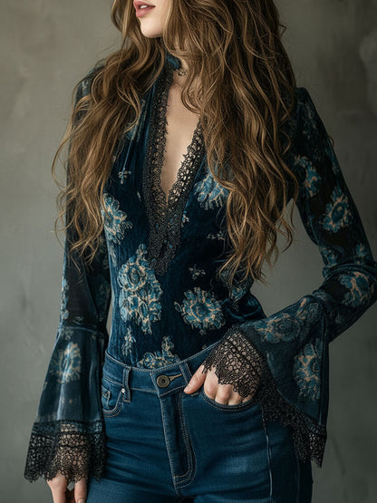 Azul · Blouse florale rétro avec manches évasées