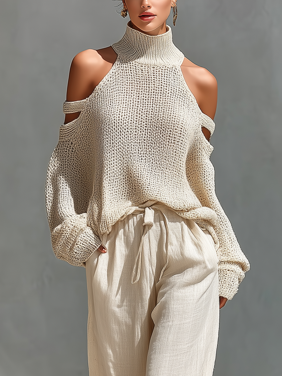 Ensemble Haut Col Montant avec Épaules Dégagées en Tissu Beige pour Femmes & Pantalons à Jambe Large