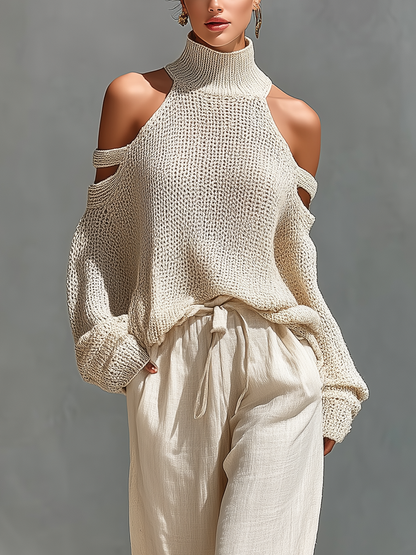 Ensemble Haut Col Montant avec Épaules Dégagées en Tissu Beige pour Femmes & Pantalons à Jambe Large