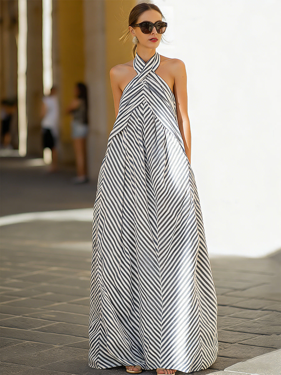Robe Maxi à Col Halter à Rayures Nautiques