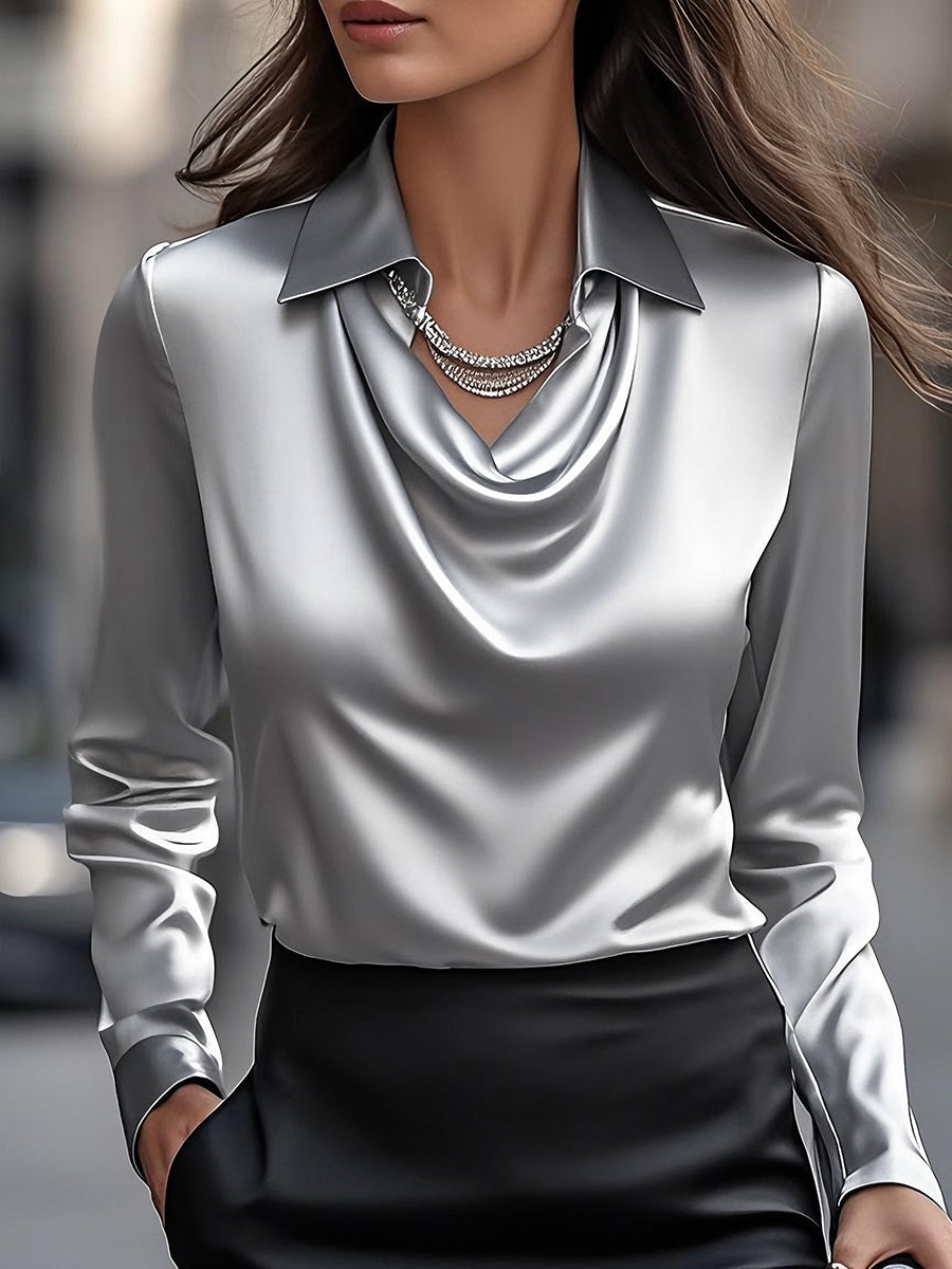 Blouse en Satin Blanc Élégante avec Décolleté Drapé