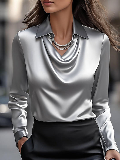 Blouse en Satin Blanc Élégante avec Décolleté Drapé