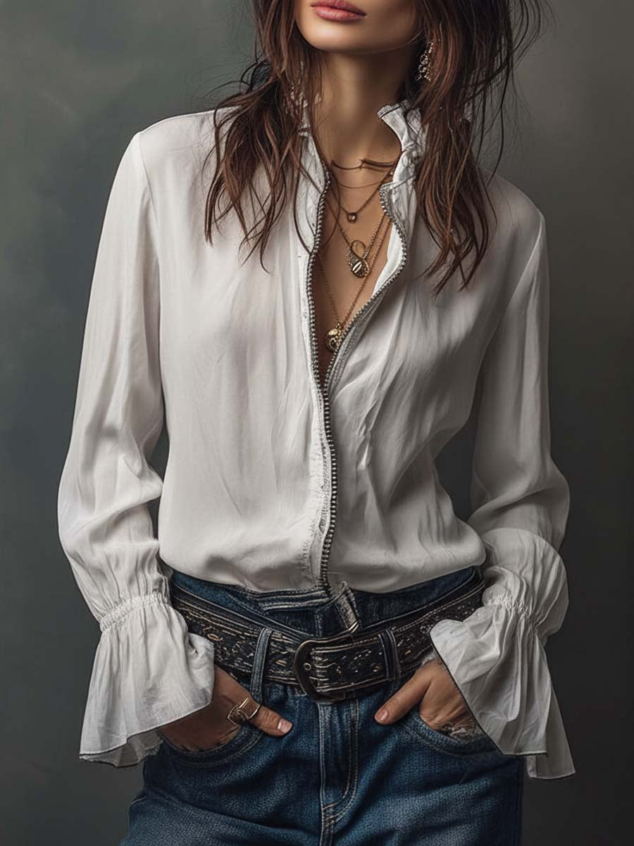 Ana · Blouse Blanche Zippée avec Volants