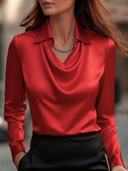 Blouse en Satin Blanc Élégante avec Décolleté Drapé