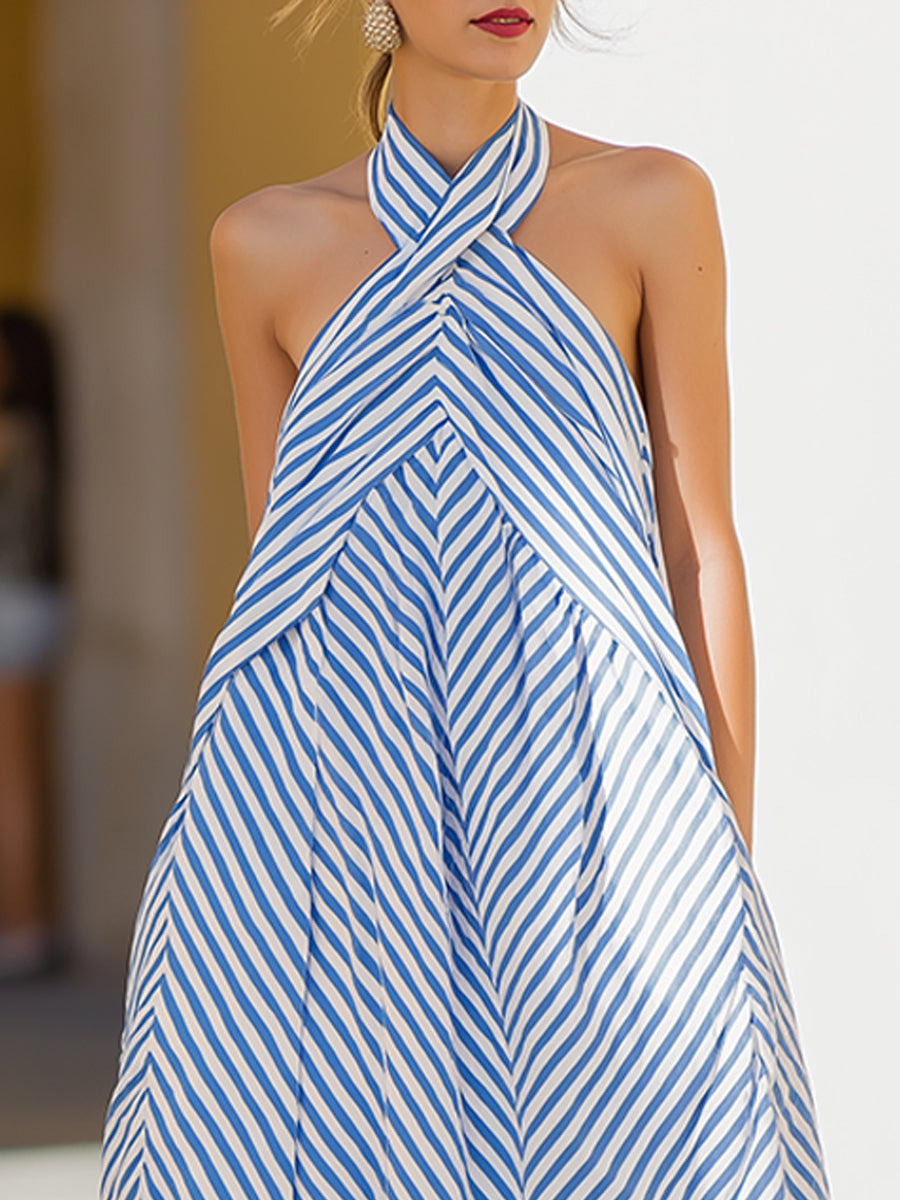 Robe Maxi à Col Halter à Rayures Nautiques