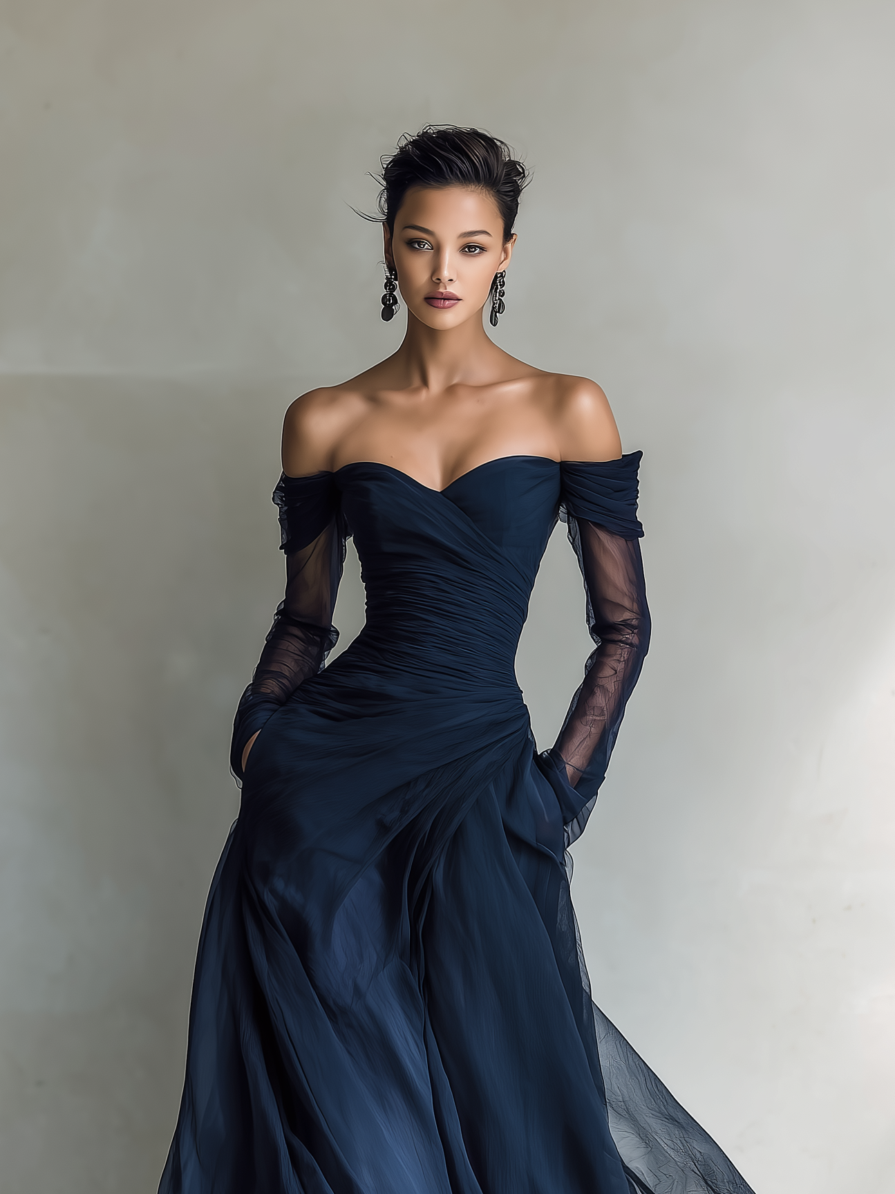 Robe Maxi Élégante en Chiffon Organza Bleu Foncé avec Manches Longues et Épaules Dénudées pour Femmes