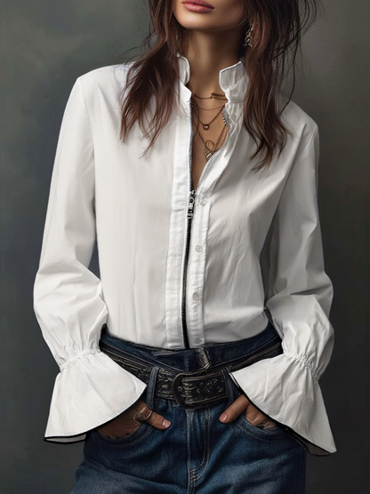 Ana · Blouse Blanche à Fermeture Éclair avec Volants