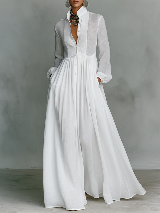 Robe Maxi Minimaliste en Coton et Lin avec Patchwork, Col Haut et Manches Longues