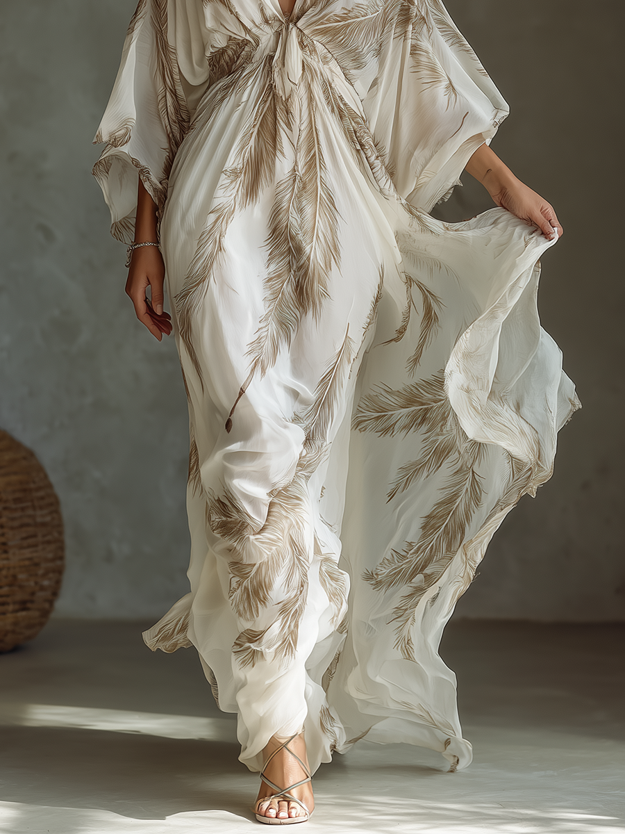 Robe Maxi en Chiffon Ivoire et Taupe avec Manches Dolman et Devant Tressé avec Imprimé de Feuille de Palmier
