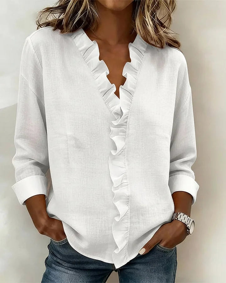 Yvonne | Blouse avec Volants, Col en V et Manches Longues