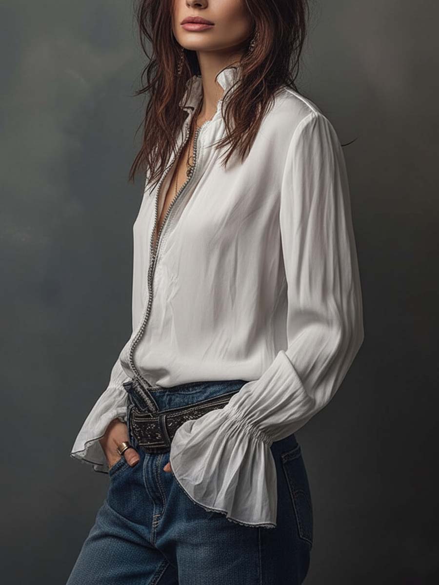 Ana · Blouse Blanche à Fermeture Éclair avec Volants