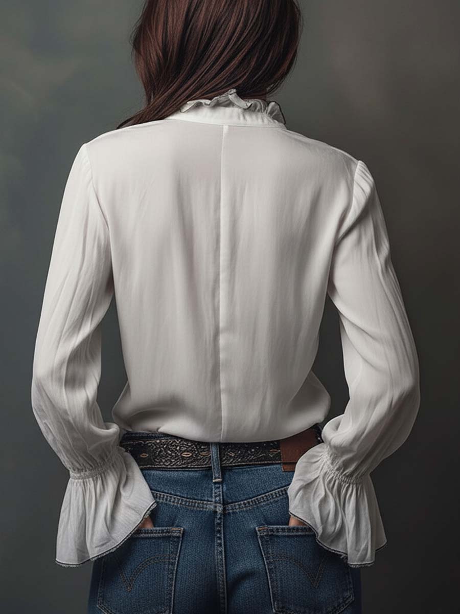 Ana · Blouse Blanche à Fermeture Éclair avec Volants