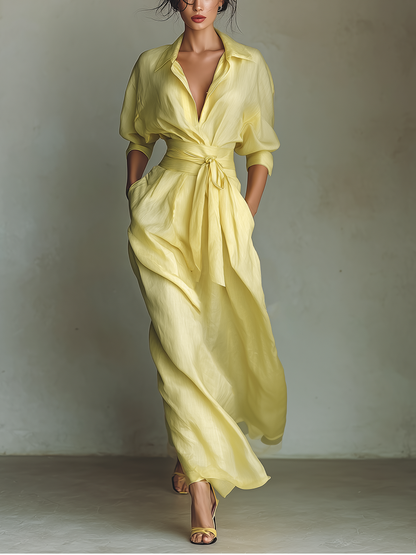 Robe Chemise Maxi Femme Jaune Citron En Coton Et Lin Avec Ceinture À Nouer & Manches Trois Quarts