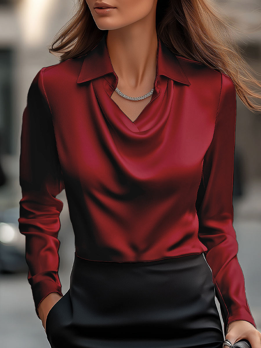 Blouse en Satin Blanc Élégante avec Décolleté Drapé