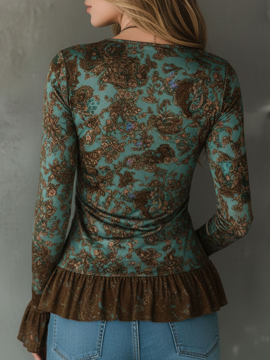 Blouse Boho Vert Sauge et Bronze avec Volants et Ourlet Froncé
