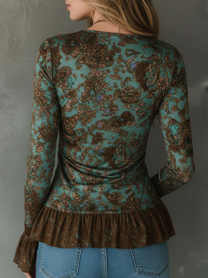 Blouse Boho Vert Sauge et Bronze avec Volants et Ourlet Froncé