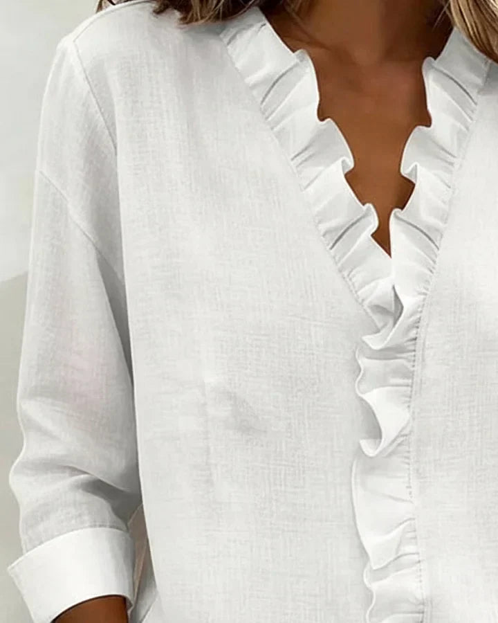Yvonne | Blouse avec Volants, Col en V et Manches Longues